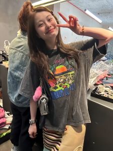 Washed Black Loose Fit round Neck Short Sleeve T-Shirt Womens Summer New Style Dongda Gate Fluorescent Sunset Landscape Design