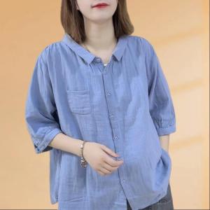 เสื้อเชิ้ตผู้หญิงแขนพองคอวีผ้าซาตินสไตล์เกาหลี ทรงหลวม แขนสั้น สีพื้น ดีไซน์เก๋ไก๋ สำหรับผู้หญิงวัย 35-39 ปี