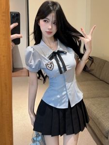 GUZILIAN | Summer School Uniform Style Waist-Cinching Shirt And Skirt Set Blue