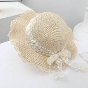 Summer Pearl Princess Girls Straw Hat Sun Protection Fishermans Cap Beach Outing Large Brim round Top Hat Casual Korean Style