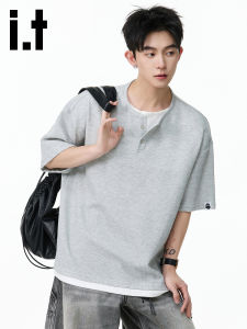FINGERCROXX | American Style Fake Two-Piece Henley Collar Loose T-Shirt