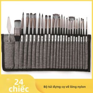 Bộ 24 Cọ Vẽ Tranh Nghệ Thuật Có Khay Trộn Sơn Cọ Tay Cầm Gỗ Lông Nylon Dùng Cho Tranh Sơn Dầu Acrylic Thủ Công DIY