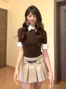 Slim Fit Short Sleeve Polo Neck T-Shirt Womens Summer New Style Patchwork Design Fake Two-Piece Short Length Trendy Top