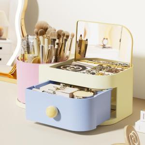Rotating Makeup Storage Box with Mirror Student Dormitory Cosmetic Lipstick Organizer Multi-Functional Desktop Organizer Rack