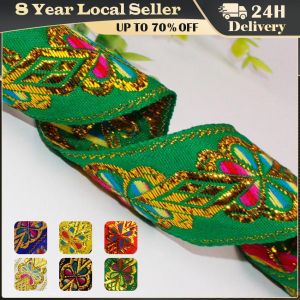 43MM Colorful Floral Geometric Jacquard Embroidered Ribbons DIY Decoration Webbing Trim Wide Boho Woven Trim Ethnic Floral Ribbon Embroidery Polyester Flat Ribbon for DIY Ethnic Inspired Sewing Ribbon for Crafts and Decor