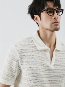 Mens Summer Casual Polo Shirt V-Neck Short Sleeve Knitted Hollow out Half Sleeve Turn-down Collar T-Shirt Fashionable Solid Color