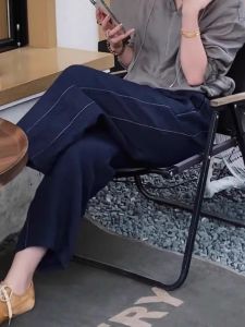 กางเกงขายาวทรงหลวมสบาย ๆ สีน้ำเงินเข้มสำหรับผู้หญิง ฤดูใบไม้ผลิและฤดูใบไม้ร่วง กางเกงขายาวทรงฮาราจูกุเอวสูง ความยาว 9 ฟุต