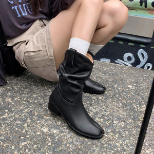 Genuine Leather Split Toe Western Cowboy Boot Womens Fall and Winter New Arrival Cowhide Ruched Chunky Heel Pile Style Boots Niche Style Fashion Ankle Boots