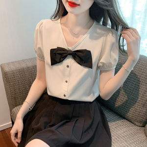 AMMIN summer new V-neck with bow tie decorative elegant temperament commuting chiffon shirt womens Korean version style short sleeve sweet bubble sleeve bow design blouse