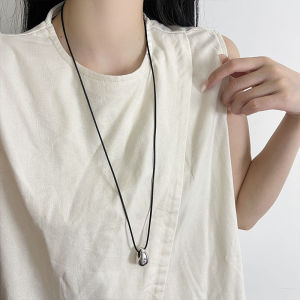 Black Leather Rope Metal Waterdrop Pendant Long Sweater Chain Necklace for Women Minimalist Cold Style Autumn Winter Fashion Jewelry