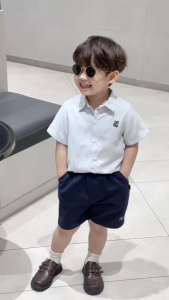 Set sơ mi ngắn tay kẻ sọc bé trai họa tiết thêu cáo kèm quần short size 9 tới 28kg BERNIE P0125B28