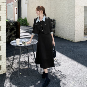 Black Korean Fashion Loose Feelings Splicing Dress Womens Autumn New Style Fake Two-Piece Elegant Long Dress
