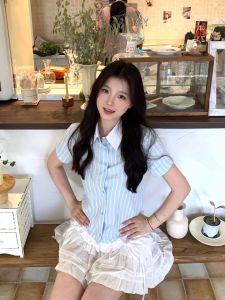 Áo Thun Polo Tay Ngắn Màu Xanh Trắng Sọc Phong Cách Hàn Quốc Ngọt Ngào Mùa Hè 2025 Áo Thun Ngắn Ôm Vừa Vặn Cổ Polo