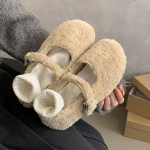 Cute Mary Jane Gommino Female Cotton-Padded Shoes with Velvet Female Flats Gentle Fairy Lady Wind Lamb Fur Shoes Female Winter Outwear
