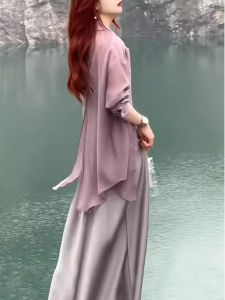 Summer Thin Silk Sun Protection Shirt Womens Back Split Cardigan with Suspenders Skirt Air Conditioning Cover up Outerwear