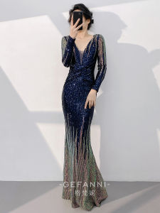 Glamorous Evening Party Navy Blue Mermaid Sequin Long Sleeve Dress