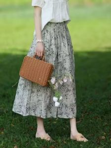 Original Art Stylish Elastic Waist Floral Skirt for Women 2024 Summer New Arrival Easiest for Match Ramie A- line Skirt