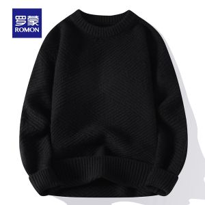 ROMON | Áo len dệt kim dày ấm áp cổ tròn rộng rãi thường ngày mùa thu đông mới về màu trơn cho nam áo len cardigan dài tay