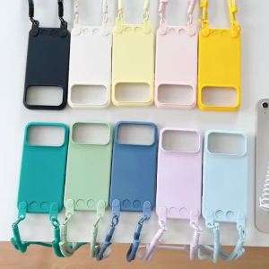 Official Lanyard Matte Silicone Case For iPhone 17 Pro Max 14 13 15 16 17 Shockproof Candy Crossbody Neck Cord Strap Soft Cover
