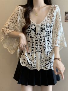Lace Hollow V-Neck Cool Silk Large Size Elegant Blouse
