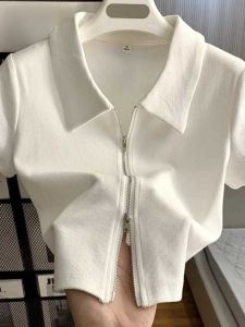 White Double Zipper Polo Shirt Short Sleeve Womens Summer Slim Fit Trendy Top Korean Style Commute Pure Color Polyester