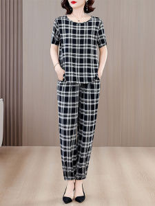 New Summer Cotton Silk Set Womens Outerwear Artificial Cotton Loose Wide Leg Pants Sleepwear Home Clothes High End