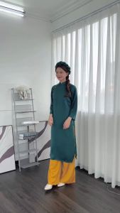 Set áo dài lụa trơn phối màu kèm mấn ngọc (ảnh thật)- 247StoreFashion - Aodaicahtantron302