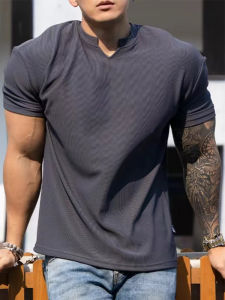 Summer Texture Fitness Short Sleeve Mens Heavy Weight Cuff T-shirt Sports Tops Elastic Breathable Muscle Showing Training Wear
