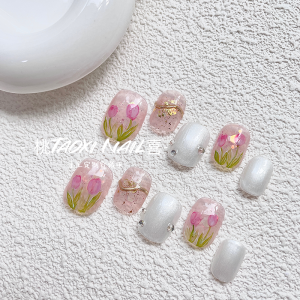 Handmade Watercolor Tulip Short Wearing False Nails Transparent Nude Moonlight White Hand-Painted Dutch Tulip Detachable