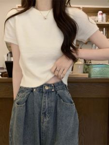 White Knitted Short Sleeve T-Shirt Womens Slim Fit High Waist Short Length Top Summer Fashion Half Sleeve Small Size Friendly