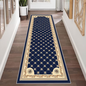VIKAMA Navy Blue Gold Border European Lattice Floral Runner Rug Non-Slip Washable Soft Floor Mat for Hallway Entryway Home Decor