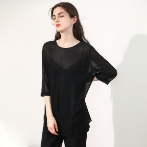 Miccbeirn | Silk Georgette Shiny Gold Spray Top Bottoms Set Casual Commute Fashionable Simple Matching Mulberry Silk T-Shirt Round Neck Short Sleeve