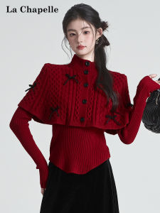 La Chapelle | Bộ Áo Sweater Cổ Cao Đỏ Vintage Đính Khuy Mềm Mại