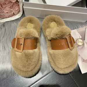 Fashionable Thick Bottom Fur Slippers WomensOutdoor Wear Autumn Winter New Style Belt Buckle Warm Cotton Slides Kawaii Style