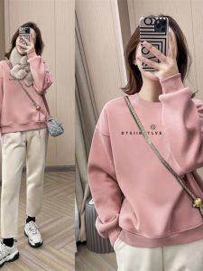 พลัสไซส์ ผ้าฝ้าย เสื้อสเว็ตเชิ้ต ผู้หญิง คอกลม ผ้าขนแกะ เรียงราย หนาขึ้น หลวม พรางหุ่น ต่อต้านวัย อินเทรนด์ ด้านบน สไตล์เกาหลี แขนยาว