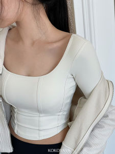 Kokoyaya Spring Short Square Collar Long Sleeve Fitness Yoga Top Women High Intensity Tight Sports Bra Included Nylon Fabric
