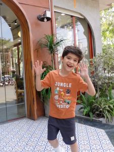 Đồ bộ quần áo bé trai cộc tay Bigfox size đại áo thun quần đùi cotton thoáng mát in Jungle cỡ trẻ em 3-11 tuổi 30kg 35kg