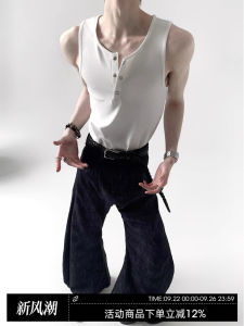 เสื้อกั๊กทรงหลวมสไตล์ย้อนยุค แขนกุด คอวี สวมใส่ลำลองในฤดูร้อนสำหรับผู้ชาย เสื้อเชิ้ตแขนกุดแบบไม่มีกระดุม