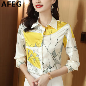 AFEG New Korean Style Shirt Collar Fashion Loose Versatile Contrast Color Chiffon Print Long Sleeve Blouse for women