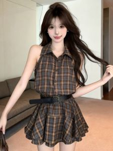 GUZILIAN | Retro British Style Polo Neck Plaid Waist-Cinching Womens Dress