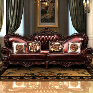 Luxurious American European Style Leather Wood Sofa