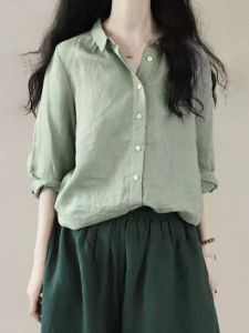 Áo Sơ Mi Vải Lanh Cotton Xanh Lá Cây Phong Cách Nhật Bản Cổ Điển Dành Cho Nữ Mùa Hè Mỏng Thiết Kế Ngọt Ngào Tươi Mát Áo Len Cardigan