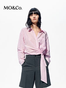 MO&Co. | Pink Brown Linen Cotton Loose Knot Striped Shirt