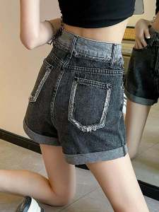 กางเกงขาสั้นผ้ายีนส์เอวสูงทรงเอขากว้างสำหรับผู้หญิง กางเกงขายาวทรงหลวม ขอบขนหนา สีบล็อก กางเกงขายาวทรงเข้ารูป