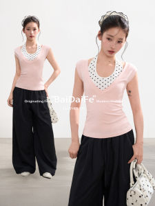 BAIDAIFEI | Bộ Áo Thun Crop T-Shirt Vòng Cổ Tay Ngắn Họa Tiết Chấm Bi Hồng cho Nữ