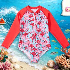 Girls Half-Zip Long Sleeve One-Piece Swimsuit: Flamingo Printed Cute Bathing Suit for Kids Beach Pool Vacation 3-8Y