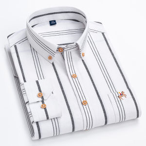 Mùa Xuân Trang Phục Công Sở Thoải Mái Oxford Weave Cotton Vải Bông Áo Sơ Mi Dài Tay Ôm Vừa Vặn Nam Sọc Chống Nhăn Có Nút Trang Trí Áo