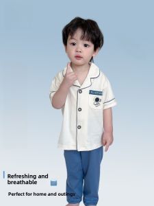 miiow | Pure Cotton Summer Pajamas For Boys Short Sleeve Long Pants Home Clothes Suitable For Outdoor Wear Breathable And Soft Childrens Sleepwear