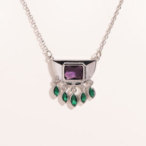 Stainless Steel Half Round Green Oval Zircon Tassel Pendant Necklace For Women Daily Wear Fashion Neck Chain Waterproof Jewelry