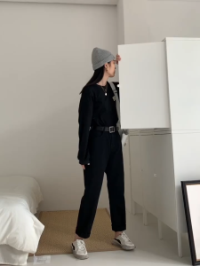 AN-6666 Korean Maong Pants For Women Vintage Long Pants Office Ladys Suit Pants W/Pockets High Waist Casual Cargo Pants